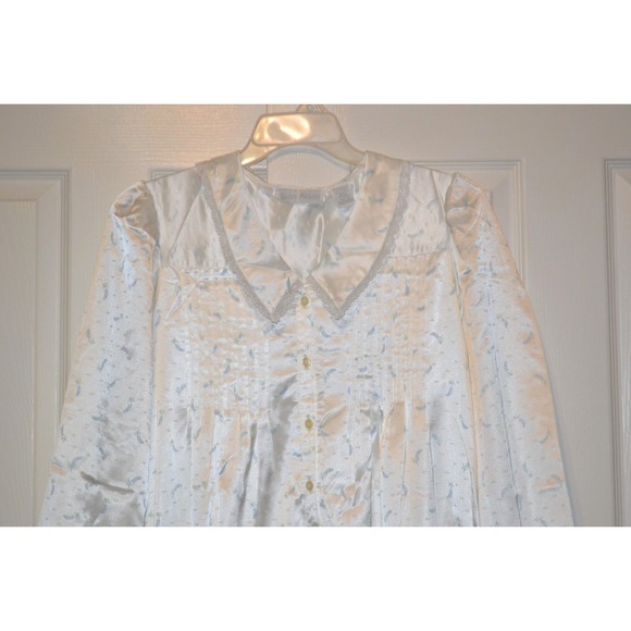 Jean Alison Nwt's Satin Long Gown Nightgown Blue Floral Pin Tuck Women's M - Picture 5 of 16